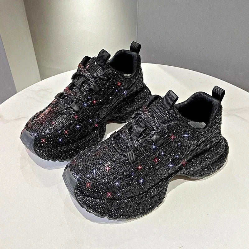 Women Sneakers Spring Lace-Up High Heel Platform Lace Up Silver Crystal Casual Working Shoes Wearing night running shoes outside sneakers_platform