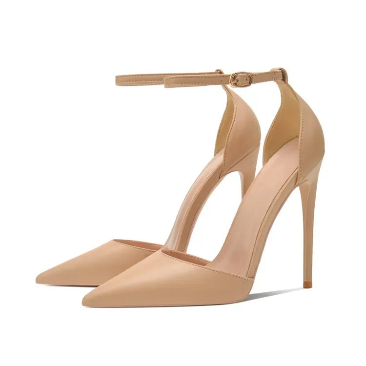 Ankle Strap Women D'Orsay Pointed Toe Stiletto Pumps Ladies Solid Dress High Heel Shoes 12cm 10cm 8cm Black White heels_stiletto