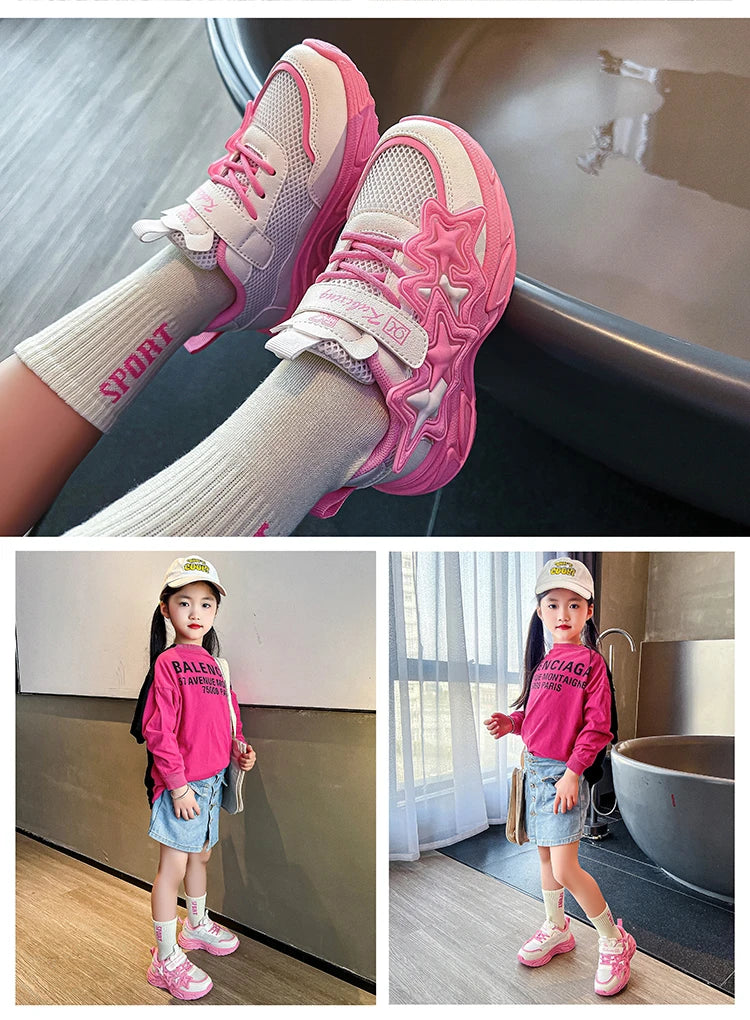 Children Casual Shoes for Girls Fashion Classic with Stars Girls Sports Running Sneakers Breathable PU + Rubber Anti-skid Soft kids_shoes