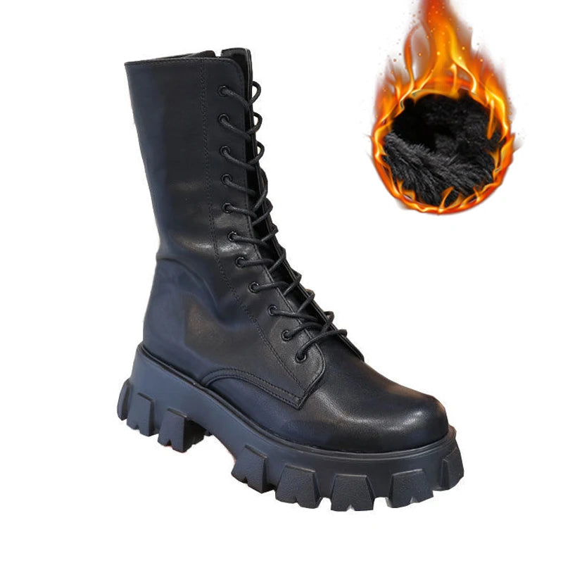 New Mid Calf Boots Women Autumn Winter Fashion Lace-up Ladies Chelsea Zipper Botas Mujer Boots Sports Platform Heel Ladies Shoes boots_platform