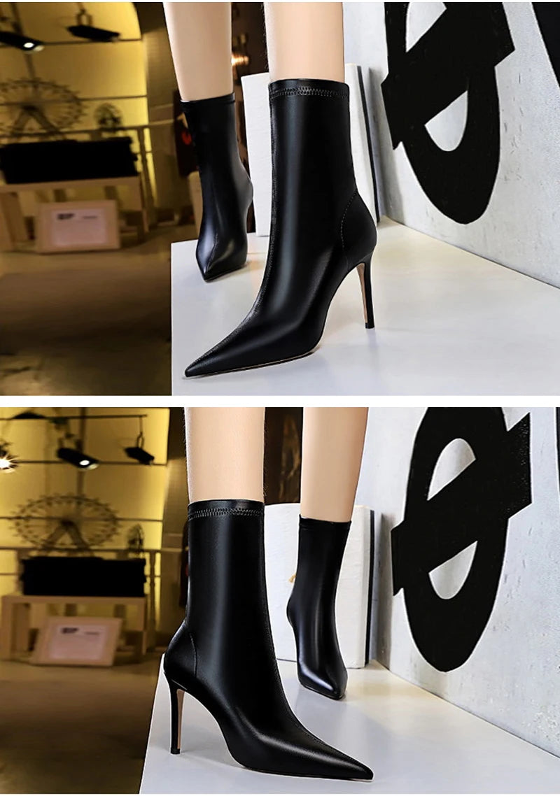 Eilyken Fashion Winter High Quality Soft PU Leather Socks Women Ankle Boots Street Style Pointed Toe Thin Heels Ladies Botines boots_highheel