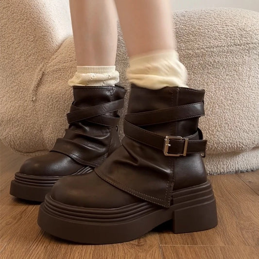 Vintage Platform Height Increase Women Ankle Boots Fashion Belt Buckle Thick Sole Shoes Autumn Winter Ladies Modern Short Botas boots_platform
