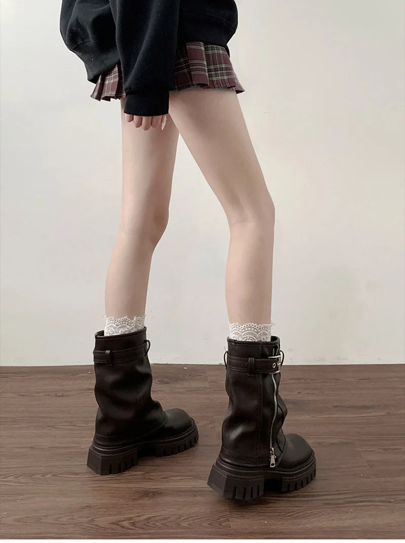 Winter Women Biker Boots Fashion Belt Buckle Ladies Elegant Platform Flats Short Booties Casual Women's Knight Booties boots_platform