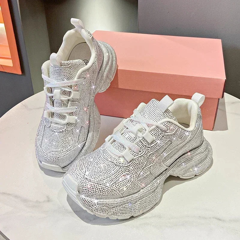 Women Sneakers Spring Lace-Up High Heel Platform Lace Up Silver Crystal Casual Working Shoes Wearing night running shoes outside sneakers_platform