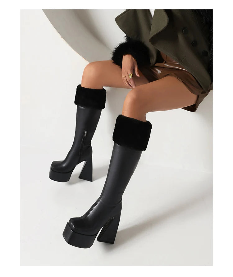 Plus Size Super High Profiled Tapered Heel Faux Fur Turned-Over Edge Warm Winter Snow Boots High Platform Square Toe Knee Boots boots_platform