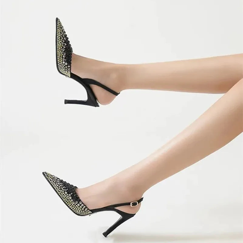 Star style Gradient Rhinestones Pointed toe Stiletto High heels Women Sandals Fashion Spring Summer Slingbacks Party Prom Shoes heels_stiletto