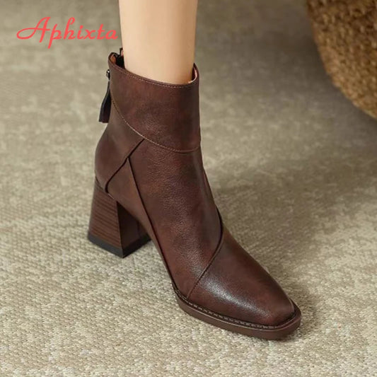 Aphixta Luxury Leather Women Ankle Boots Back Zipper Close Modern Boots High Heels Shoes Woman Boats botines para mujeres boots_highheel