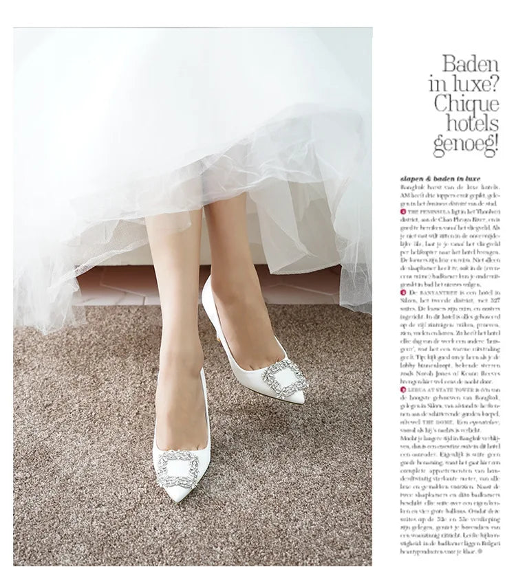 Women Rhinestone Square Buckle Dress Wedding Brides Shoes Pointed Toe Stiletto Pumps Suede High Heels Botines Mujer Con Tacon heels_stiletto