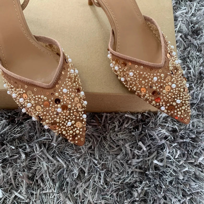 Fashion High Heeled Formal Party Shoes for Lady Luxury Sequin Pearl Stiletto Elengat Mesh Slingbacks Women Modern Sandals heels_stiletto