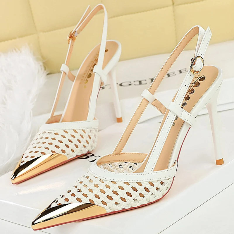 Fashion hollow Weaving Women Pumps Metal pointed tip High Heels Stiletto 9.5 cm buckle Summer Women's high-heeled sandals Shoes heels_stiletto
