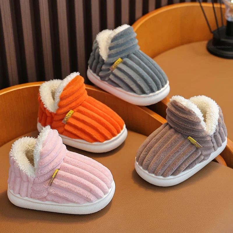 New Winter Concise Stripe Plush Slippers Children's Non-slip Soft Sole Kids Boys Girls Heel Wrap Warm High Home Cotton Shoes kids_shoes