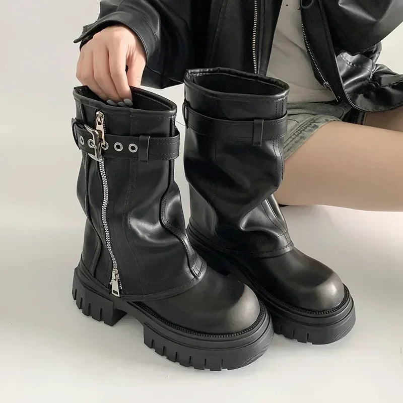 Winter Women Biker Boots Fashion Belt Buckle Ladies Elegant Platform Long Pipe Booties Casual Women's Knee High Booties2025 boots_platform