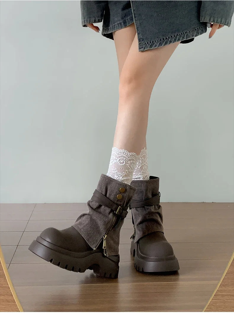 Winter Punk Style Women Pipe Ankle Boots Fashion Belt Buckle Shoes Ladies Concise Platform Heel Short Booties Zapatos De Mujer boots_platform