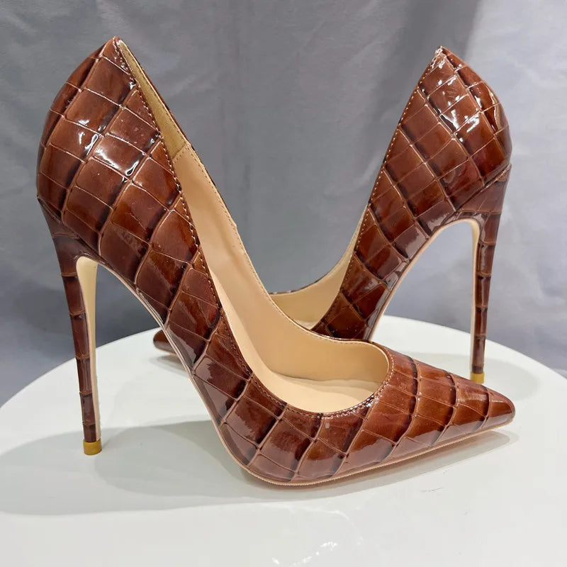 Tikicup Brown Crocodile Effect Women Sexy Pointy Toe High Heel Shoes Plus Size 33-46 Slip On Stiletto Pumps for Evening Dress heels_stiletto