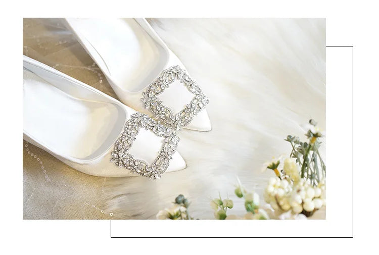 Women Rhinestone Square Buckle Dress Wedding Brides Shoes Pointed Toe Stiletto Pumps Suede High Heels Botines Mujer Con Tacon heels_stiletto