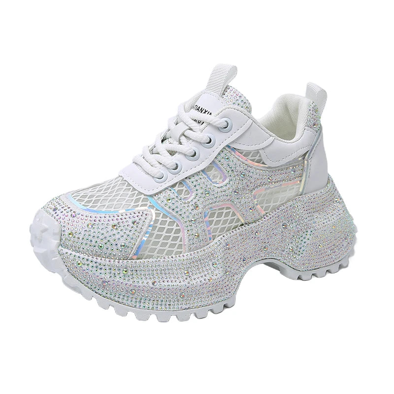 Luxury Designer Women's Shoes New Rhinestone Women's Sneakers Breathable Hollow Mesh Casual Platform Shoes Zapatos Mujer 7 cm sneakers_platform sneakers_luxury