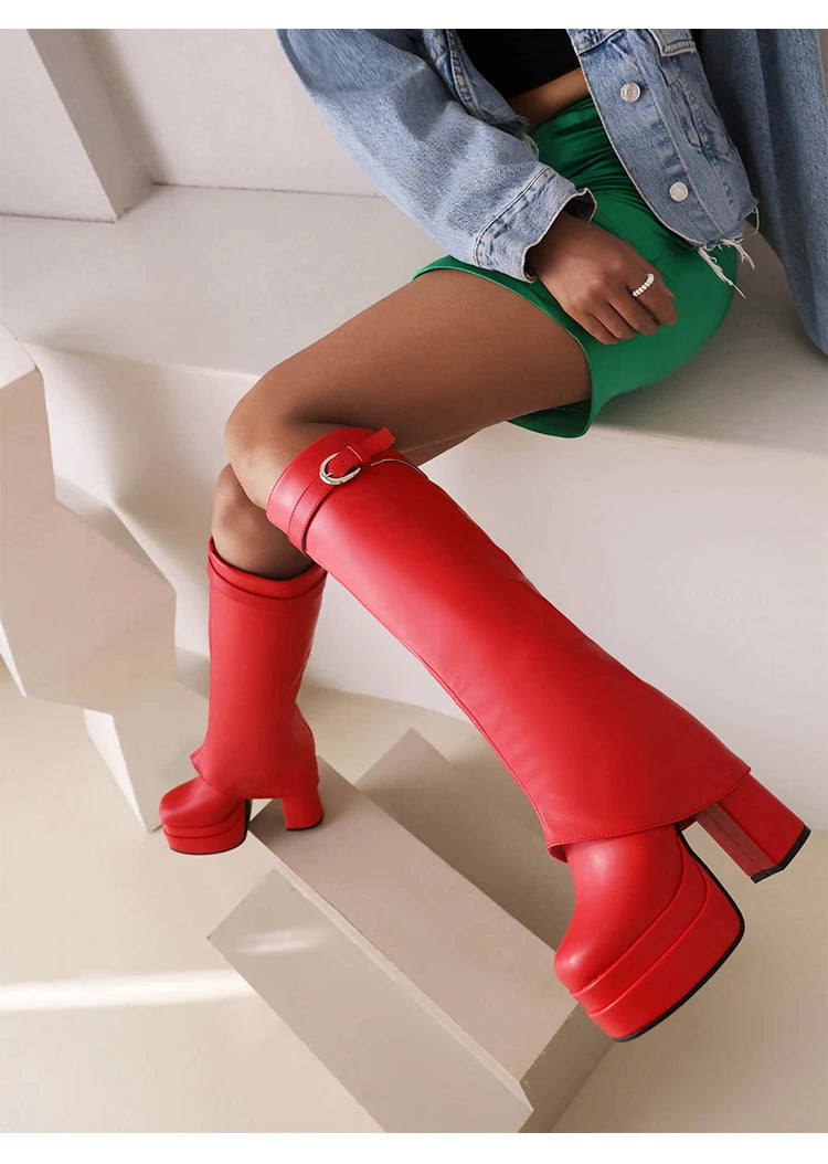 2024 Plus Size Turned-Over Edge Women's Knee-High Boots Warm Plush Inner Super Thick Heel Three-Layer Platform Buckle Shoes boots_platform