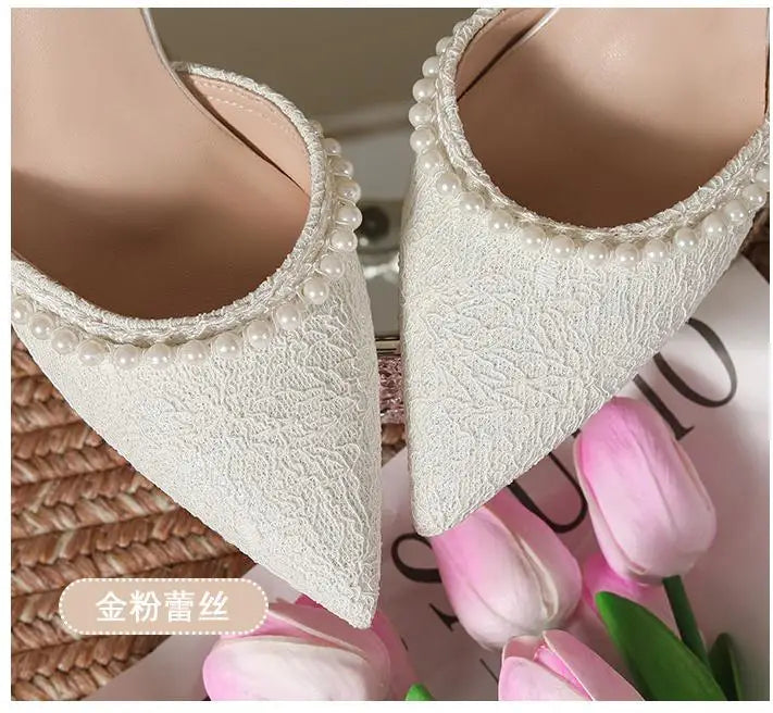 Size 30-44 Pearls Strap High Heels Lace Women White Wedding Shoes Stiletto Heel Point Toe Bride Bridesmaid heels_bridal