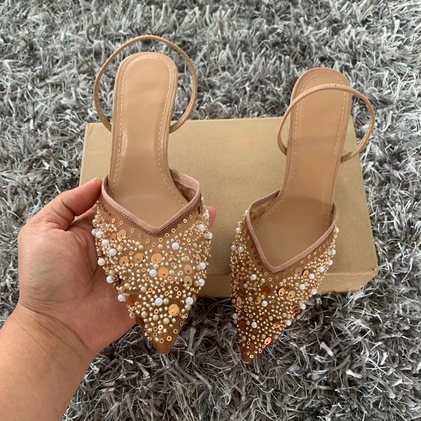 Fashion High Heeled Formal Party Shoes for Lady Luxury Sequin Pearl Stiletto Elengat Mesh Slingbacks Women Modern Sandals heels_stiletto