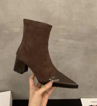 Women's New Autumn Chunky Single Boots Pointed Suede Splicing Anti-slip Wear-resistant Ankle Boots High Heel Short Boots boots_highheel