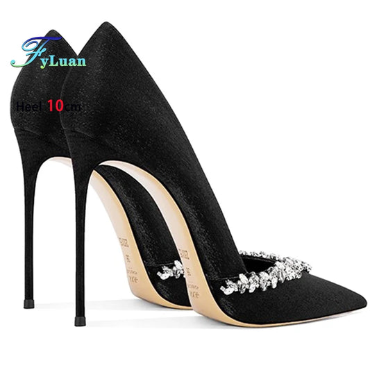 Black High Heels 10cm 8cm 6cm Women's Shoes Thin Heels Microfiber Pointed Head Ladies Pumps Rhinestone Bead Stiletto Party Shoes heels_stiletto