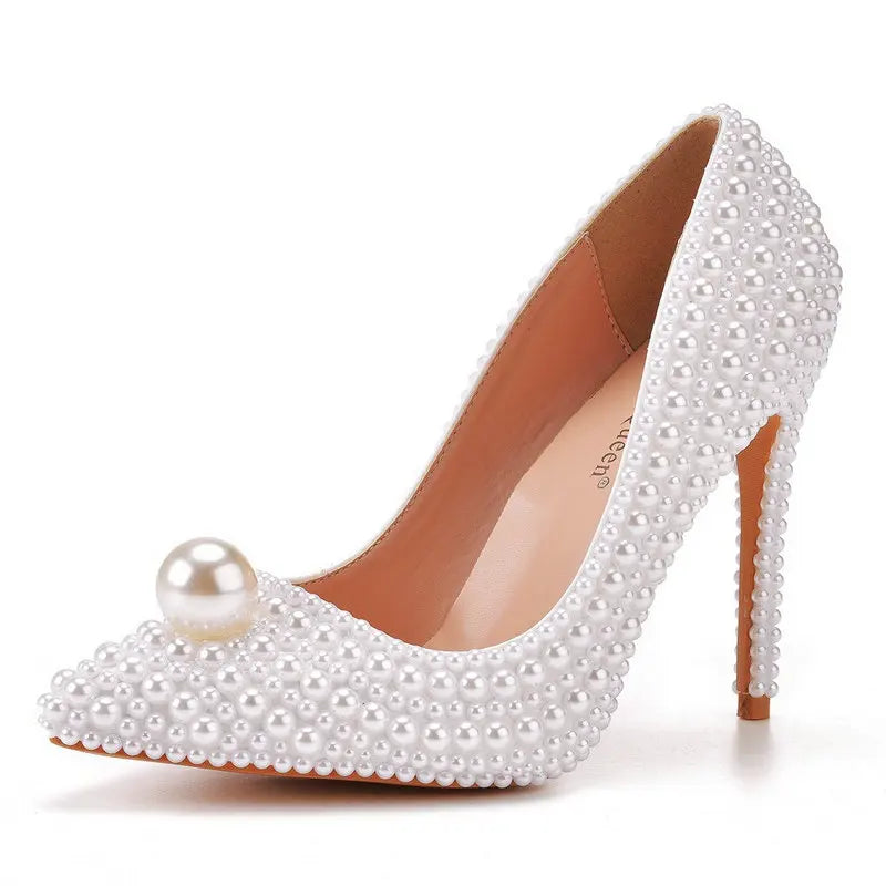 11cm Pearl Wedding Shoes Thin Heel Pointed Single Shoe Large Size Women's Shoes Bride Shoes Dinner Women's Pumps heels_bridal