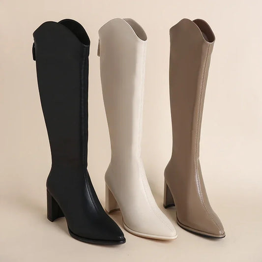 Plus Size 34-43 New Women Boots Zipper Thick High Heels Simple Thick High Heels Autumn Winter Boots Knee High Botas boots_highheel