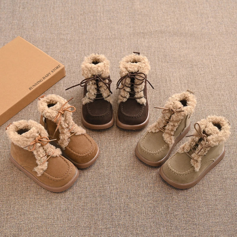 Children Thick Sole Suede Snow Boots Girls Casual Warm Anti-slip Winter Cotton Shoes Casual Outdoor Fashion Flat Footwear H11103