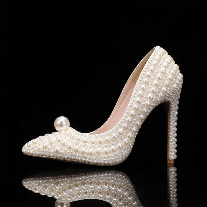 Luxury All perals Decoration White Women Pumps Fashion Spring Autumn Elegant 11CM Thin High heels Wedding Bridal Prom Shoes heels_bridal