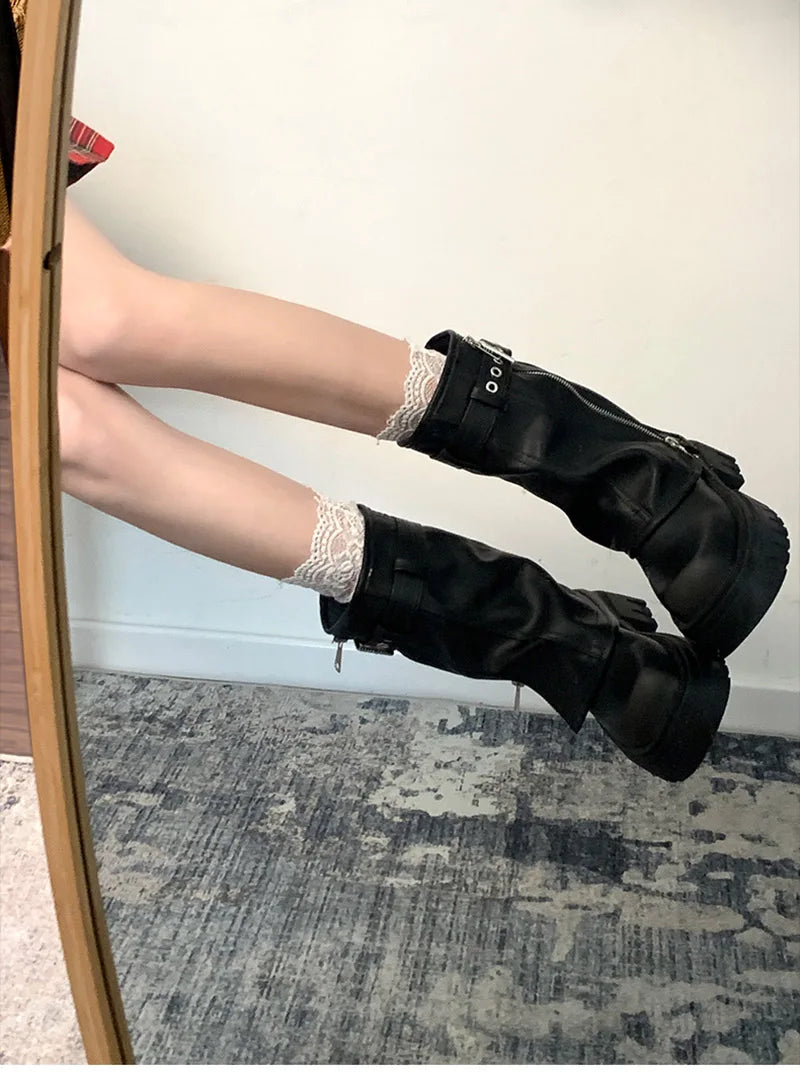 Winter Women Biker Boots Fashion Belt Buckle Ladies Elegant Platform Flats Short Booties Casual Women's Knight Booties boots_platform
