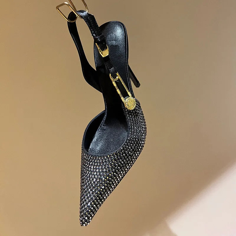 Women Shoes Luxury Rhinestones Sequined Buckle High Heels Elegant Pointed Toe Slingbacks Stiletto Shoes for Women Fashion Shoes heels_stiletto