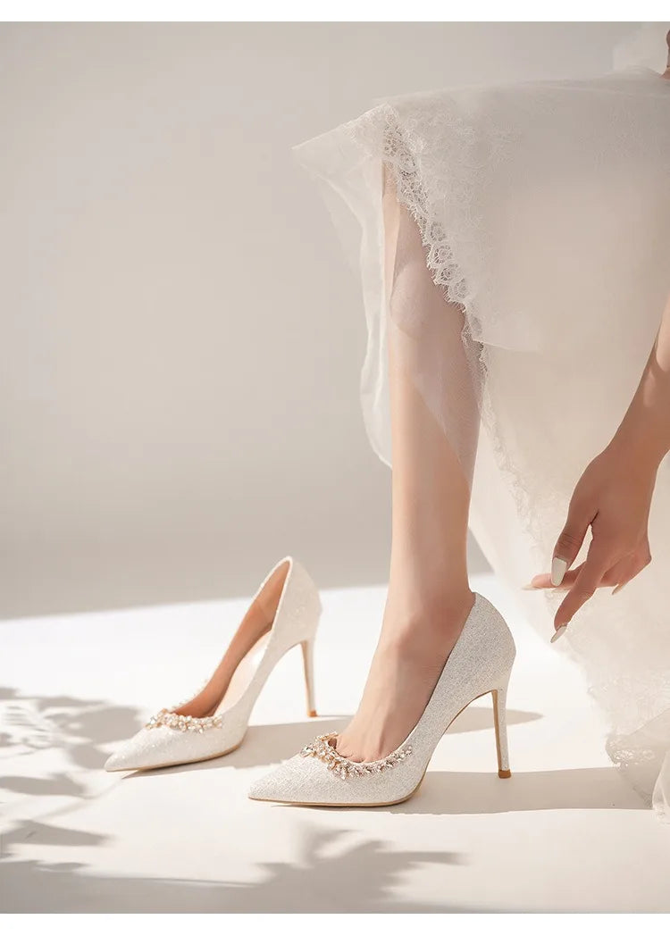 2025 New French Stiletto Heels Pointy Head Shallow Mouth Shoes Rhinodiamond-Edged Korean Version White Crystal Wedding Pumps heels_stiletto