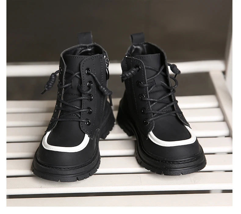 New Children Boots  soft leather Handsome Lace-up Trendy Kids Short Boot Matte PU Leather Anti-slip Unisex Boys Girls Shoes kids_shoes