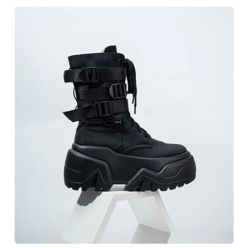 Women Ankle Booties Autumn Leather Chunky Shoes Woman High Platform Breathable Sneakers 9CM Thick Sole Wedges Motorcycles boots_platform