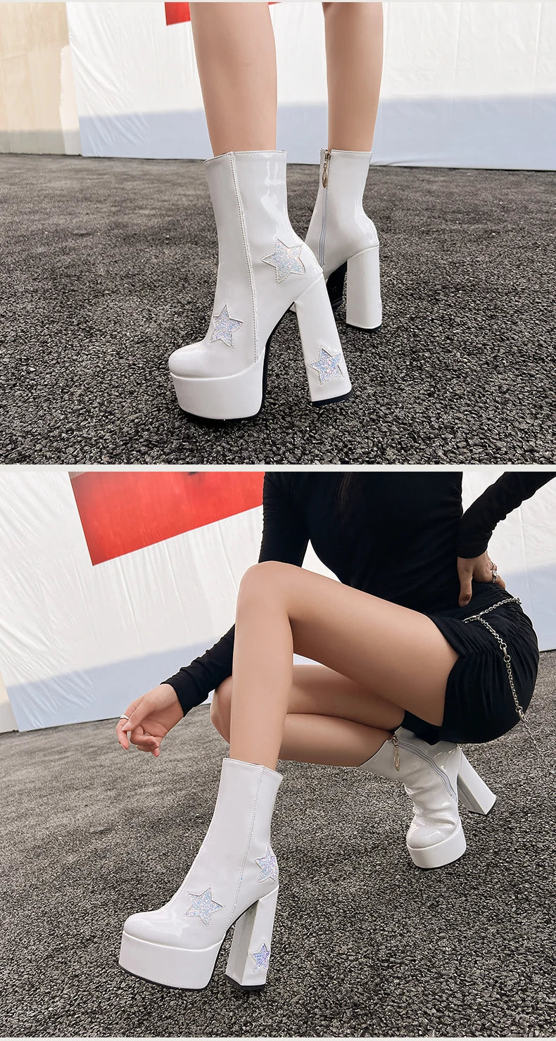 Plus Size Shiny Patent Leather Inlaid With Five-Star Sequin Cloth Super High Platform Women's Short Boots Side Zipper Sweet Boot boots_platform