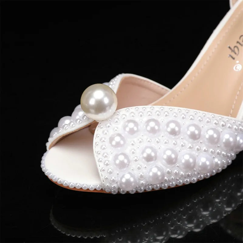 2025 New High Heels Thick Heel Shallow Mouth Women's Pearl Sandals Wedding Shoes Bridesmaid Shoes heels_bridal