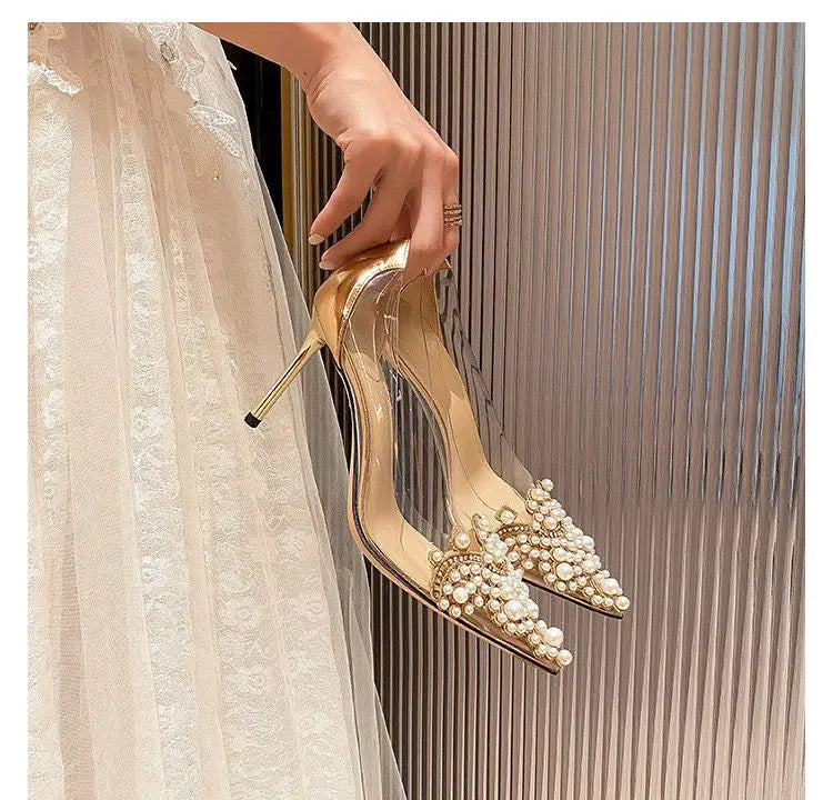 Women's Single Shoes Summer New Ultra High Heels Pointed Pearl Transparent Shallow Heels Fashion Temperament Stiletto Sandals heels_bridal