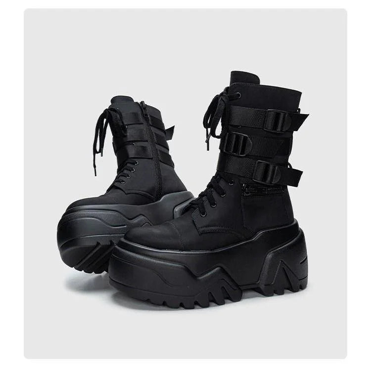 Women Ankle Booties Autumn Leather Chunky Shoes Woman High Platform Breathable Sneakers 9CM Thick Sole Wedges Motorcycles boots_platform