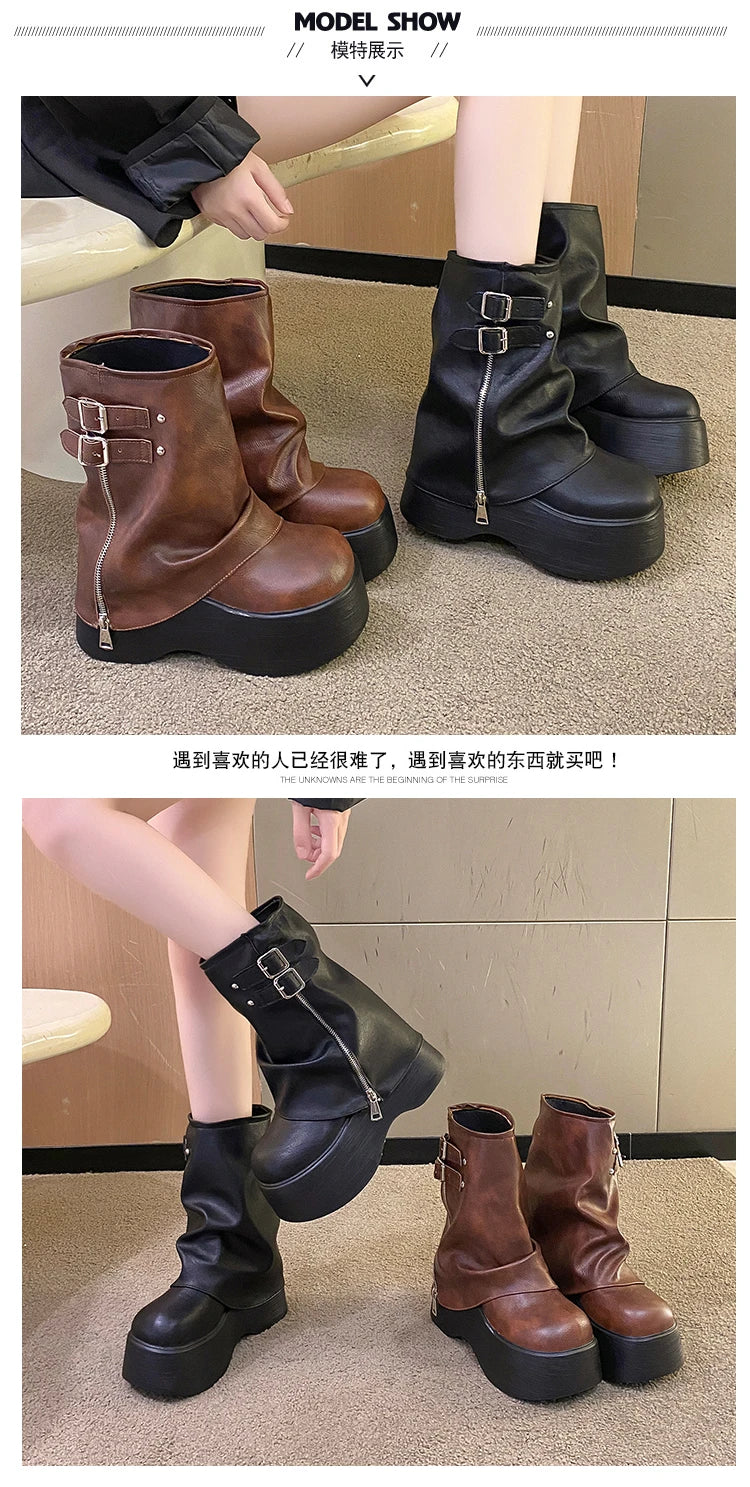 Soft Leather Ankle Mid Calf Boots Winter Autumn High Platform Wedge British Booties Woman New Ladies Chunky Motorcycle Boots 9CM boots_platform