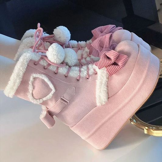 Sweet Winter Girls Lolita Mid-Calf Snow Boots,Cute Female Students Plush Warm Bowknots Lace Up Wedge Heel Heightening Shoes boots_platform