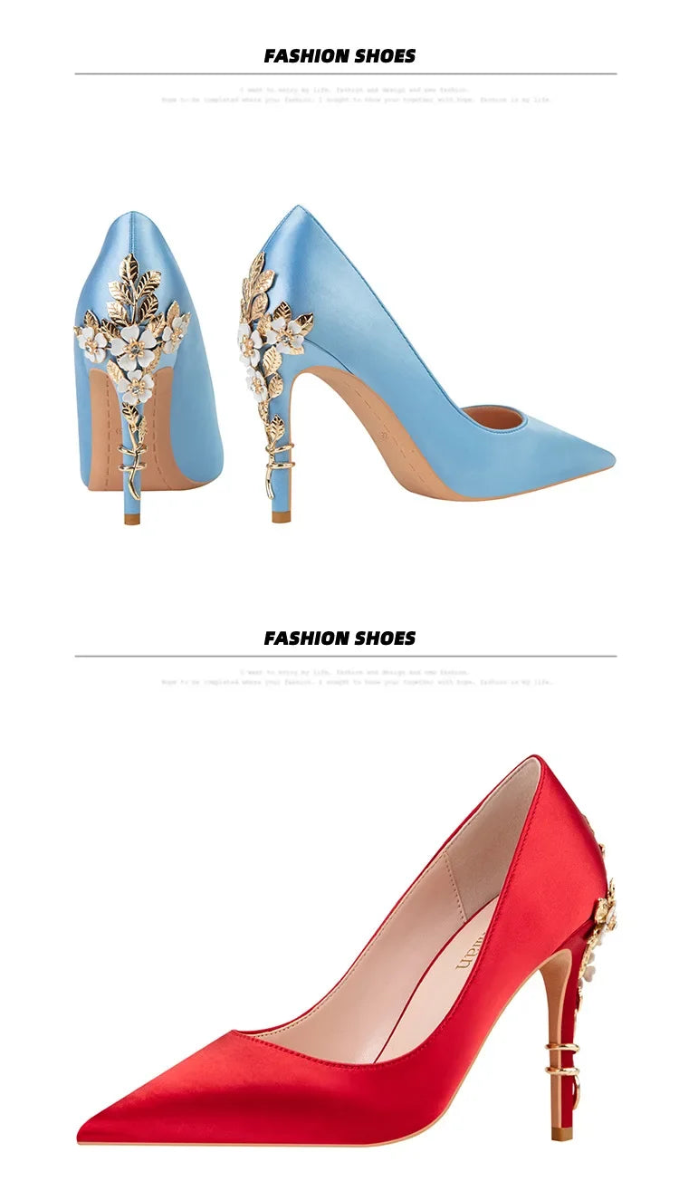 Women's Metal Flowers Stiletto High-heel Shoes Female  Light Luxury Sexy Fashion Wedding Shoes Pointed Toe Satin Single Shoes heels_stiletto