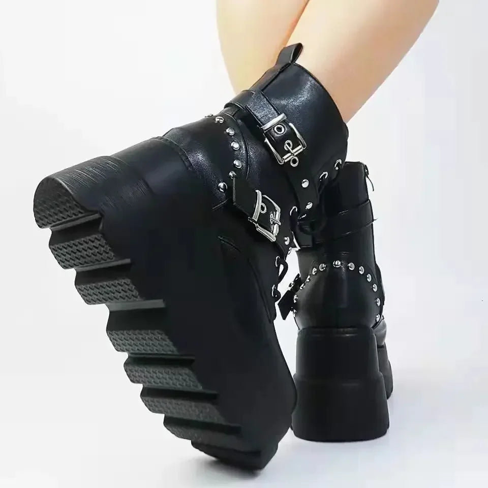 New Women's Pu Leather Ankle Boots Women Autumn Winter Round Toe Lace Up Shoes Woman Motorcycle Platform Botas Gothic Shoes boots_platform