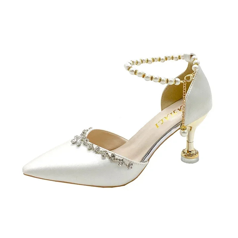 Pointed Toe Baotou Sandals Women's 2025 New Stiletto Hollow Single Shoes Versatile Pearl Strap Women's Shoes heels_bridal