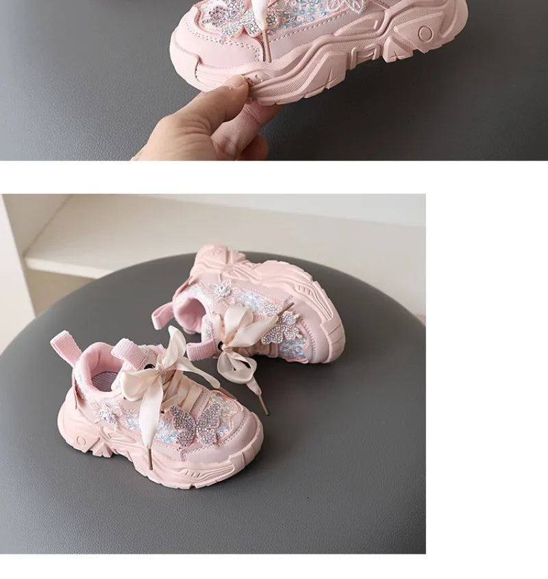 1-6Y New Girls' Sports Shoes Anti Slip Soft Sole Sequin Shinny Butterfly Cute Tennis Running Shoes Princess Shoes for Baby Girls kids_shoes