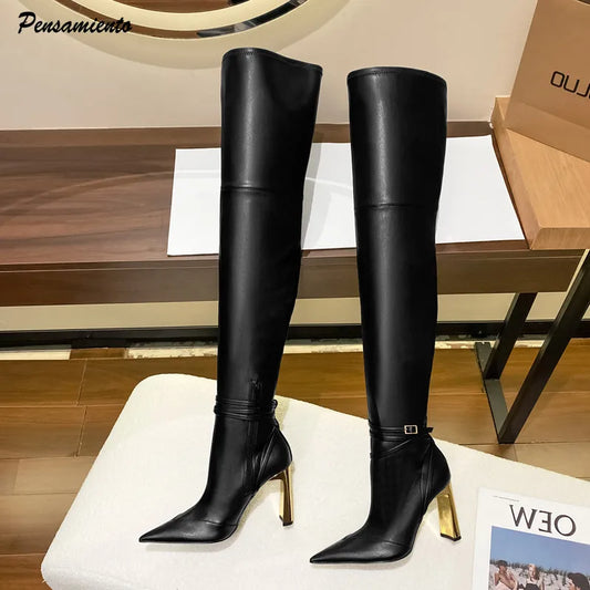 Fashion Autumn Winter Soft Leather Stretch Women Thigh high Boots Elegant Pointed toe High heels Over the knee Boots Party Shoes boots_highheel