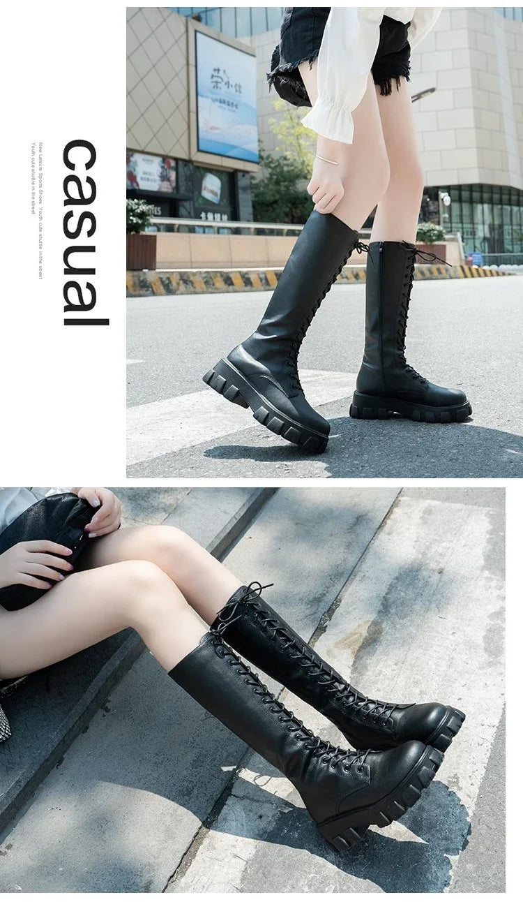 Women's Mid Calf Boots Padded Shoes Knee High Winter Sneakers Punk Style Military Casual White Black 2024 Lucury Platform Woman boots_platform