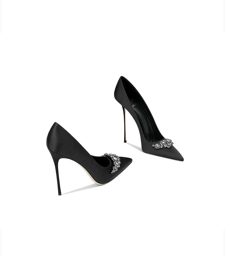 2025 Black Silk High-end Temperament Pointed Head Stiletto High Heels Women heels_stiletto