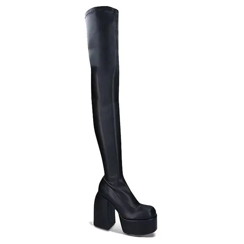 Comemore Women Punk Style Autumn Winter Chunky Platform High Boot Party Shoes Ladies Black Thick Heels Elastic Knee High Boots boots_platform