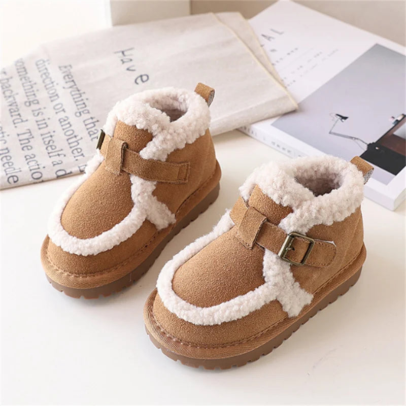 Children's Snow Boots For Girls Leather Warm Plush Fashion Non-slip Toddler Kids Boys Boots EU 21-30 kids_shoes