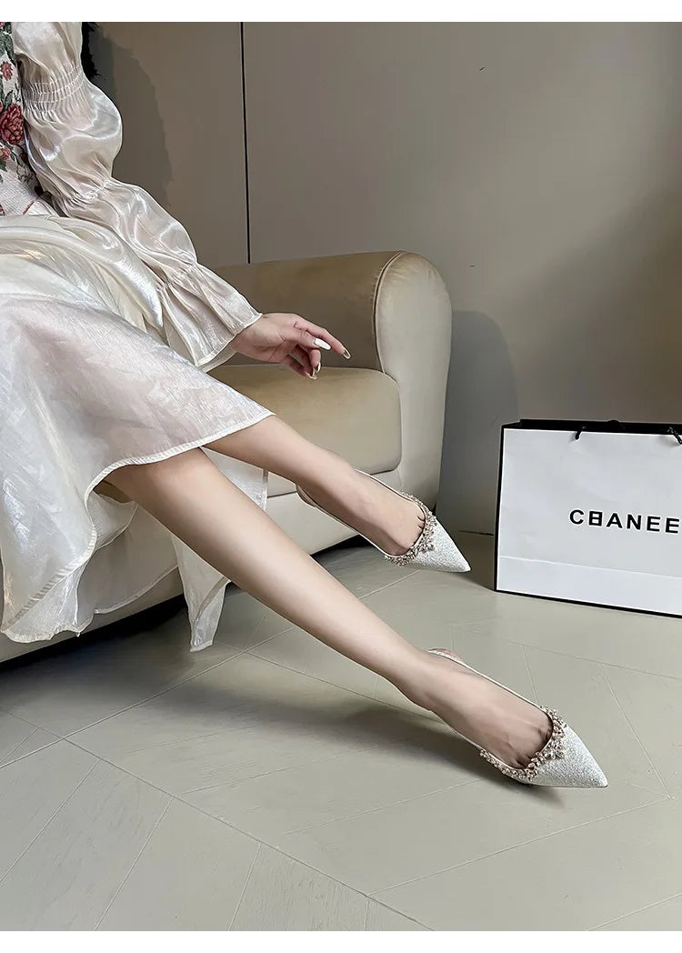 2025 Summer Pointy Head Shallow Mouth Baotou Sandals Women Fine White Beautiful French Rhine-Style High Heels Wedding Pumps heels_bridal